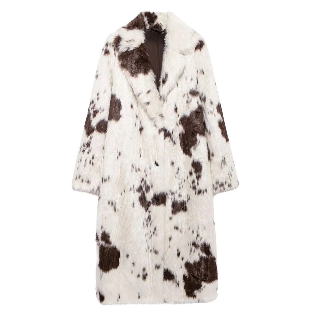 Cow print faux fur coat